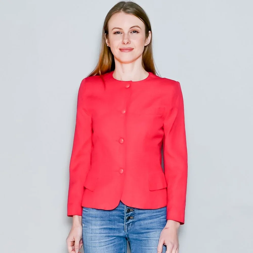 CHRISTIAN DIOR Vintage Bright Pink Collarless Blazer 4